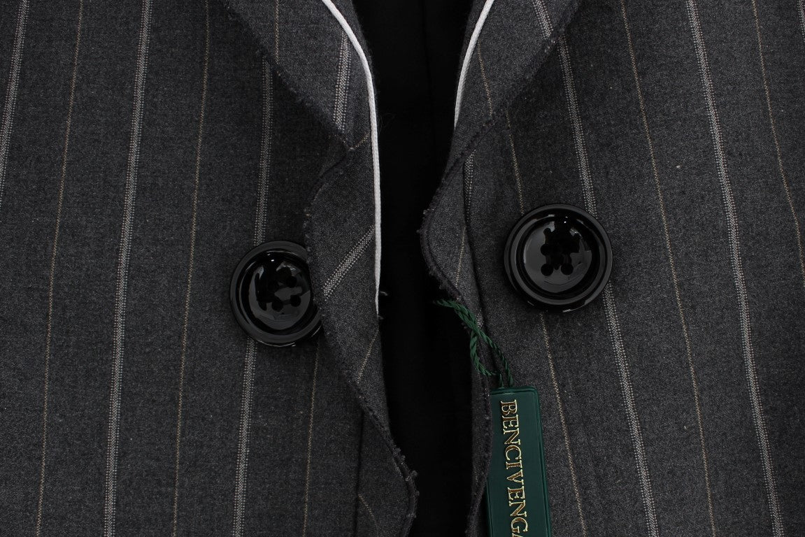 Elegant Gray Striped Dress & Blazer Suit Set