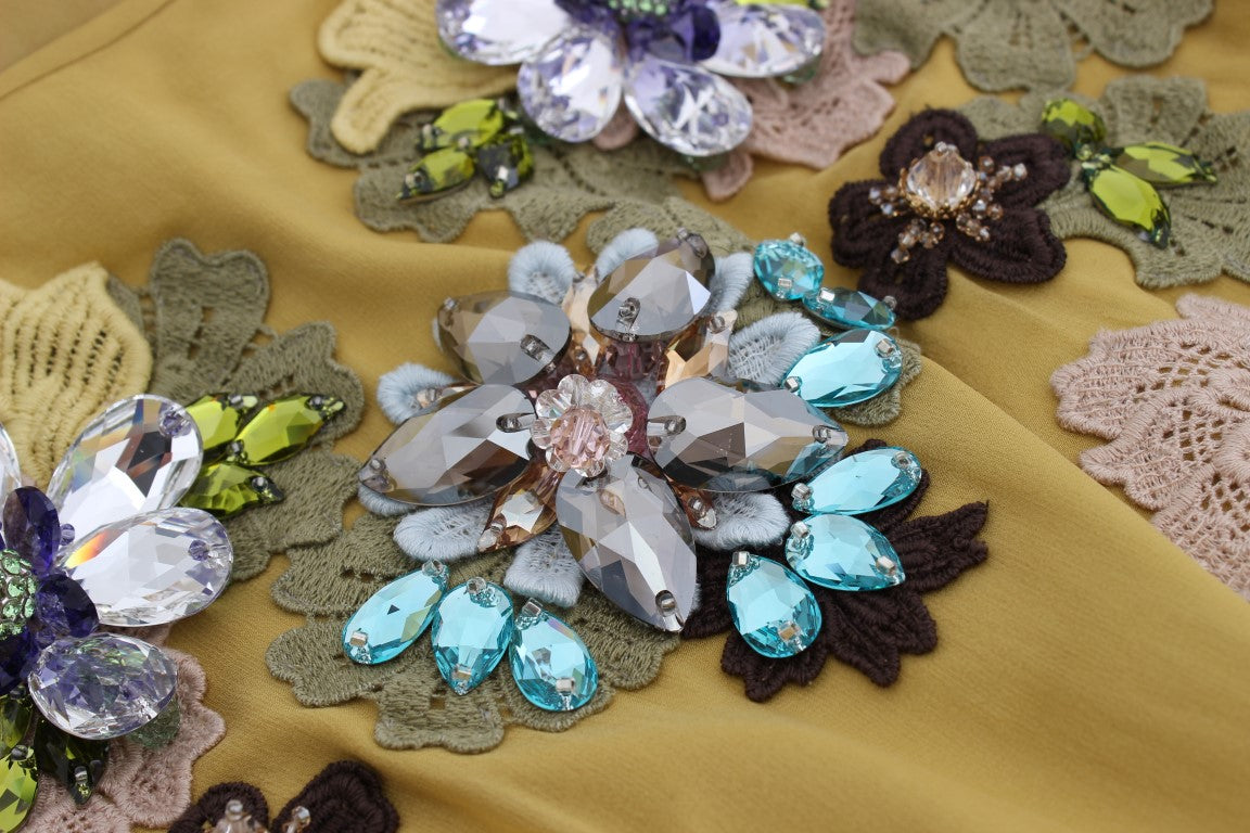 Enchanting Yellow Silk Floral Appliqué Gown