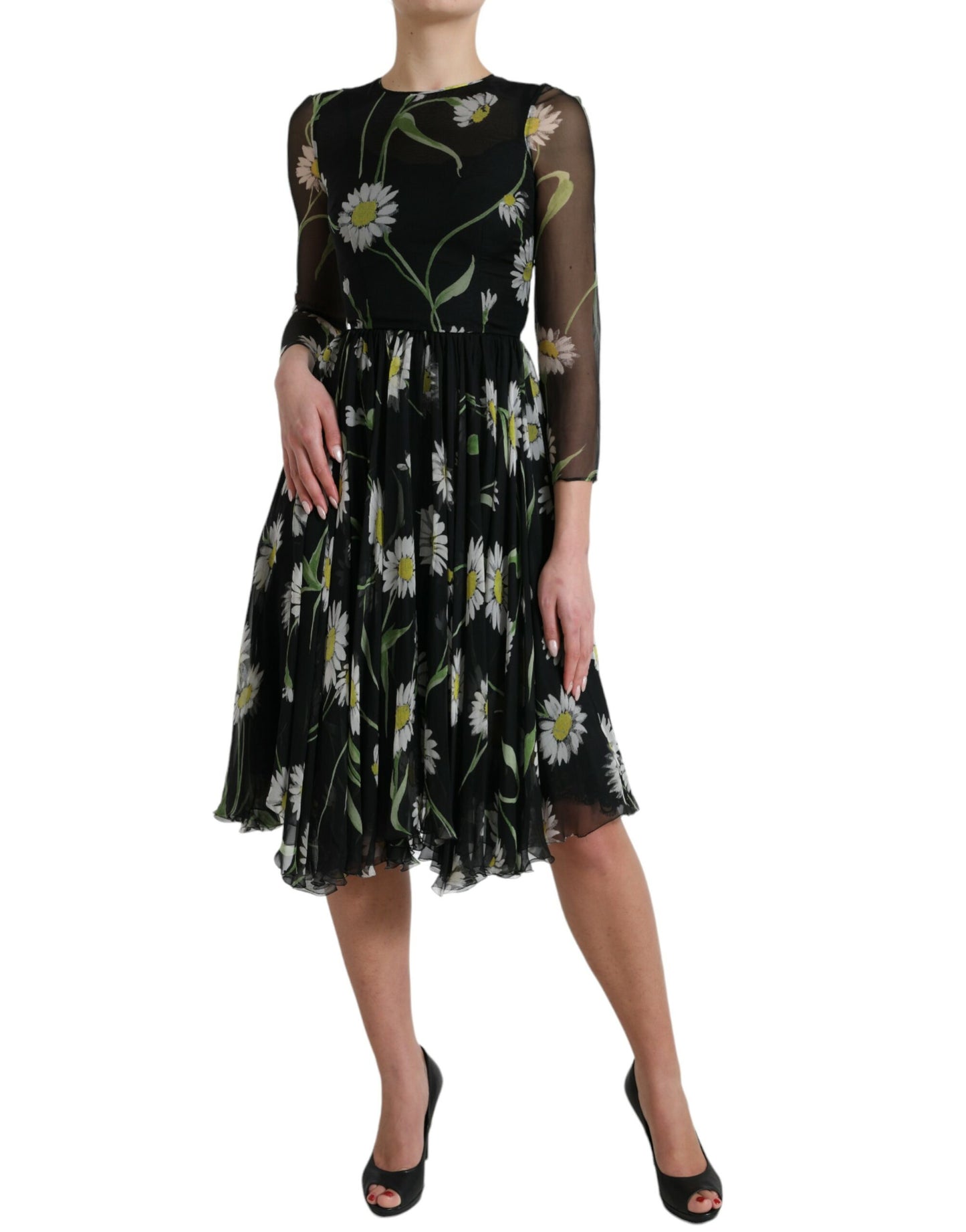 Black Floral Sheer A-line Knee Length Dress