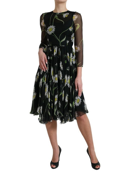 Black Floral Sheer A-line Knee Length Dress