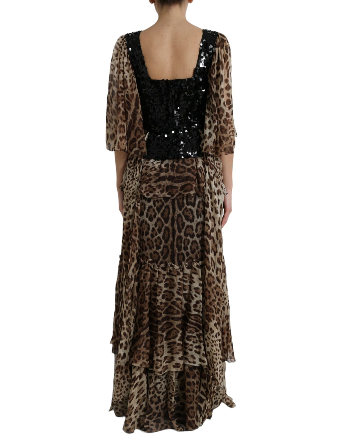 Brown Leopard Sequined Tiered Long Gown Dress