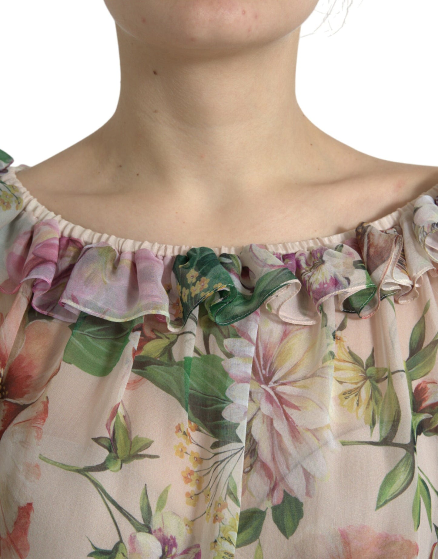 Pink Floral Chiffon Ruched Frilled Maxi Dress
