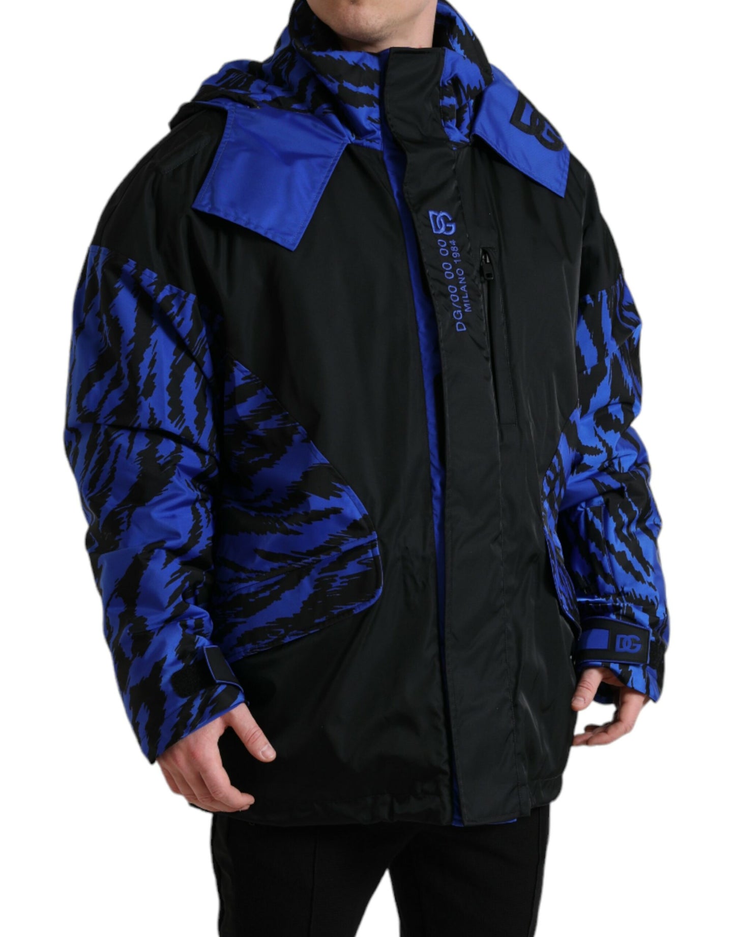 Black Blue Hooded Windbreaker Coat Jacket