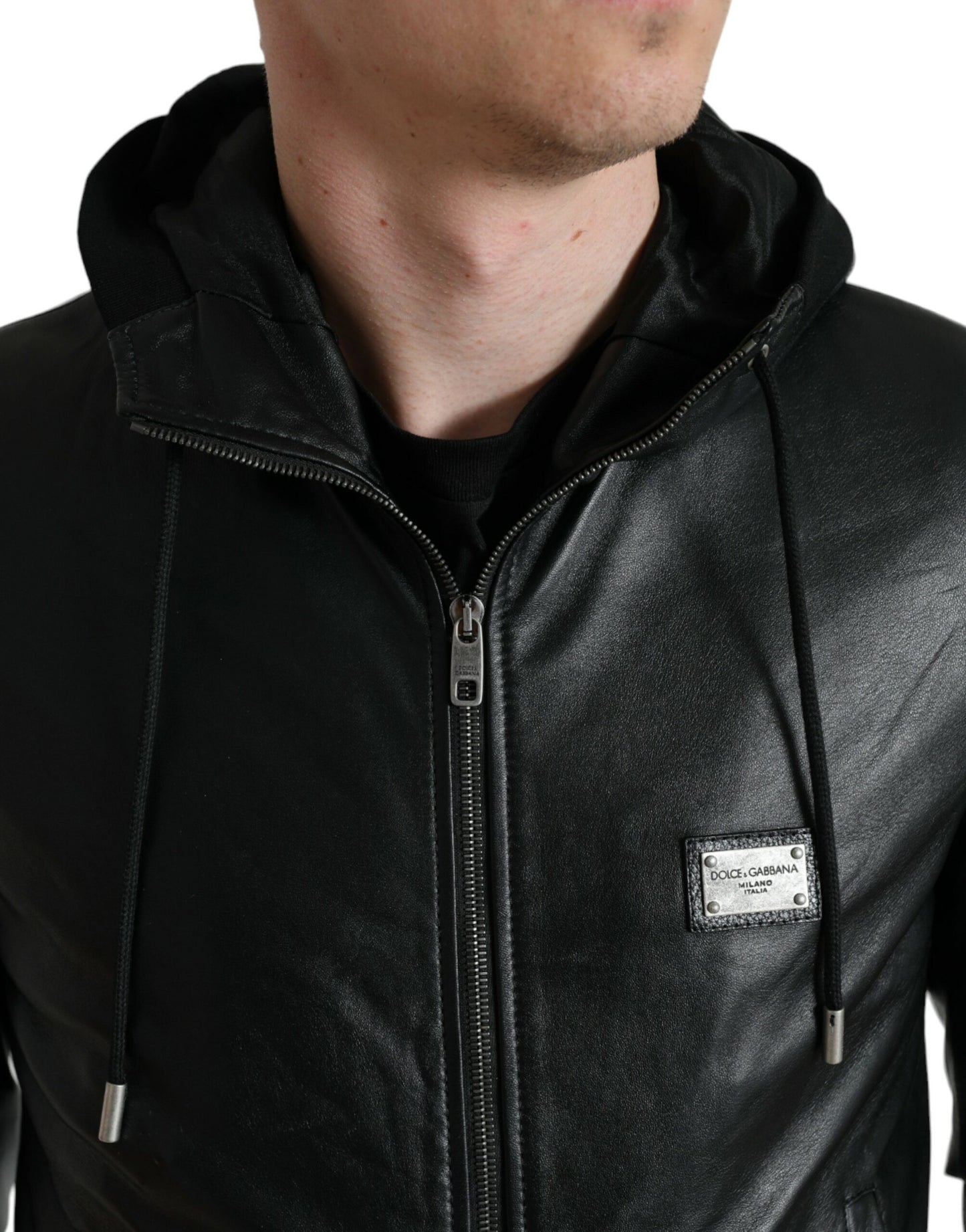 Black Leather Hooded Full Zip Logo Jacket
