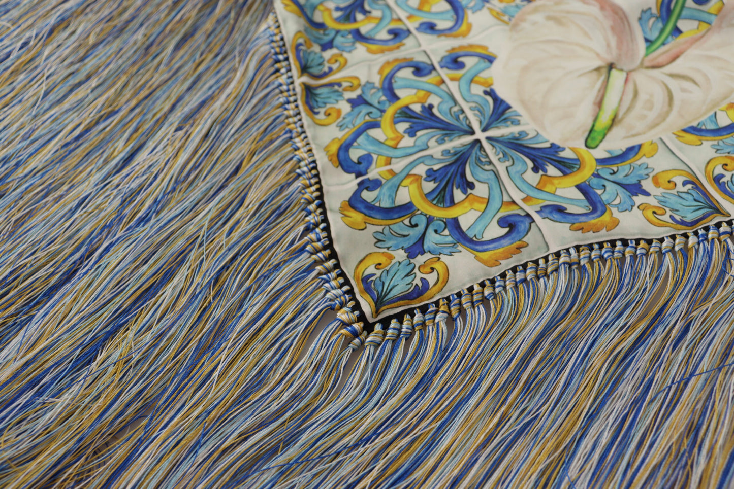 Elegant Floral Silk Scarf with Fringes