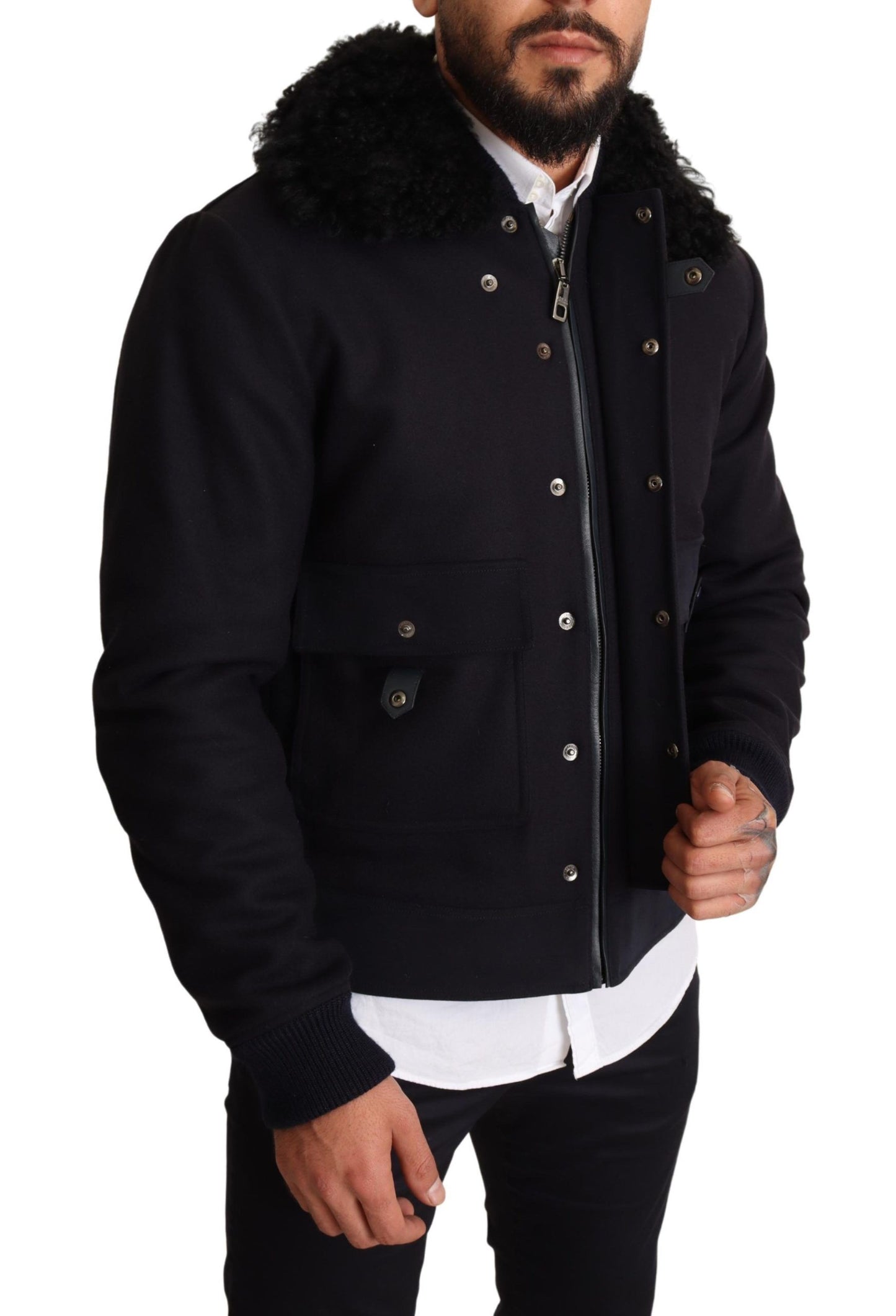 Elegant Blue Wool Bomber Jacket