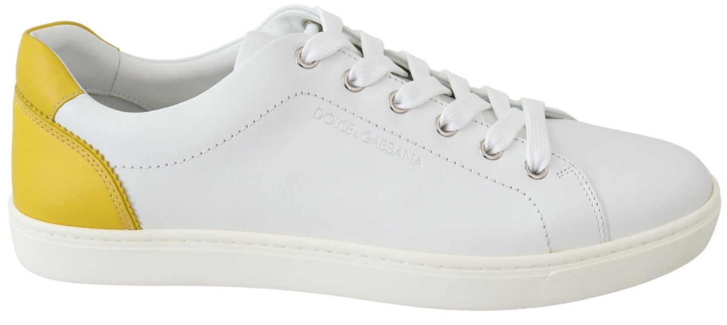White Yellow Leather Low Top Sneakers Shoes