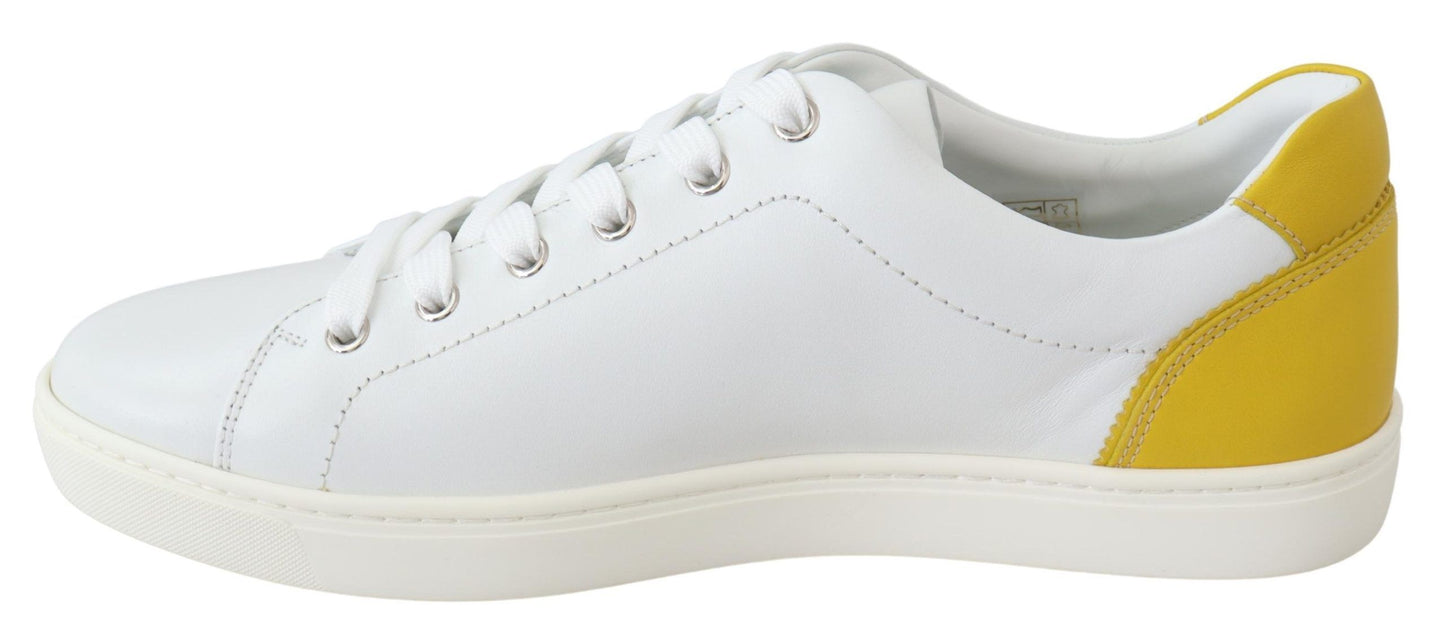 White Yellow Leather Low Top Sneakers Shoes