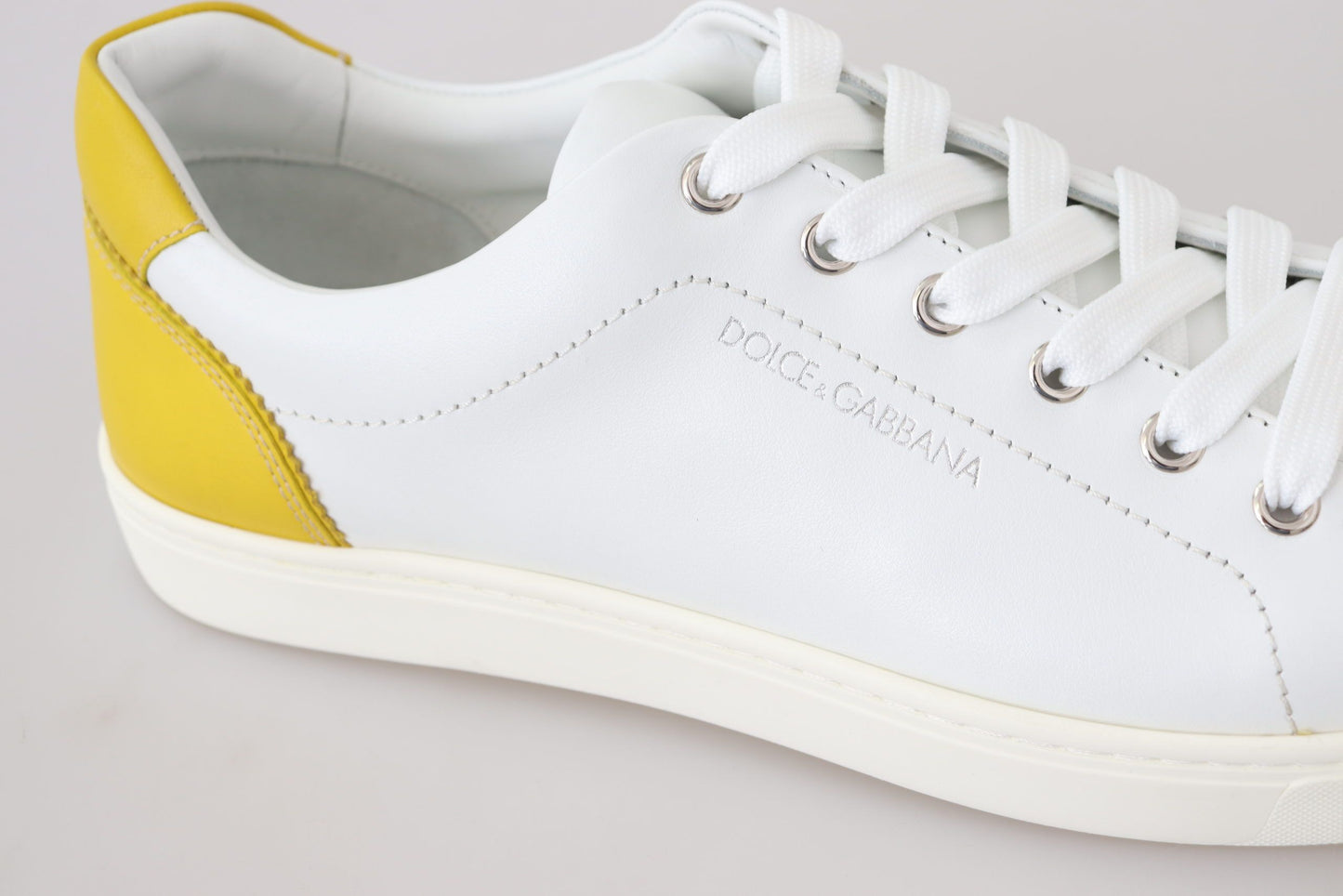 White Yellow Leather Low Top Sneakers Shoes