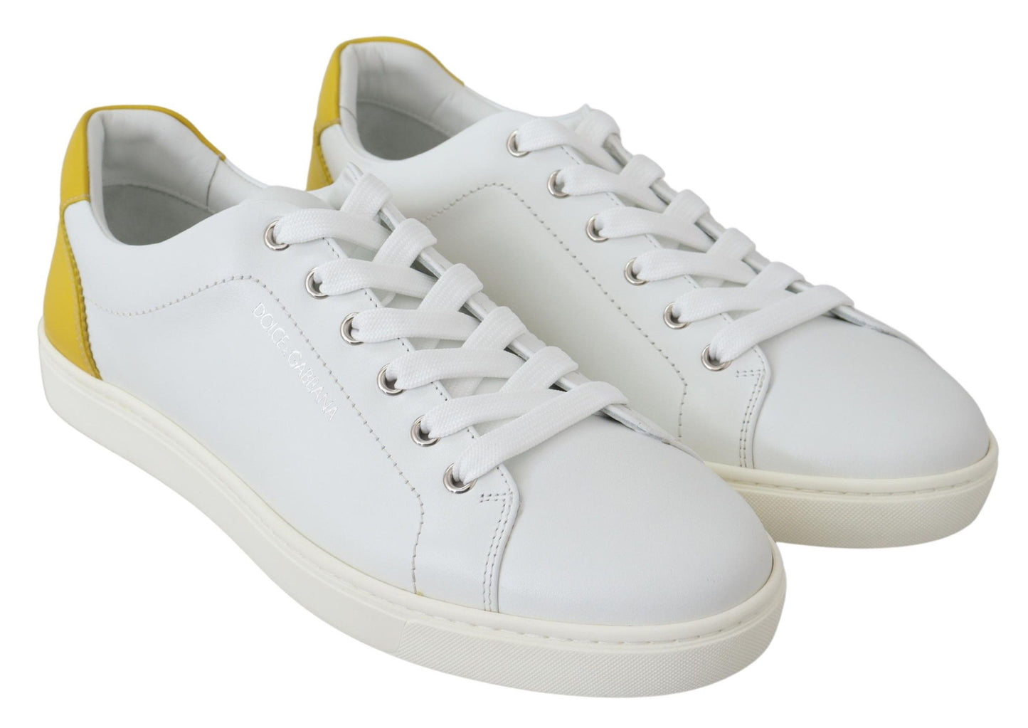 White Yellow Leather Low Top Sneakers Shoes