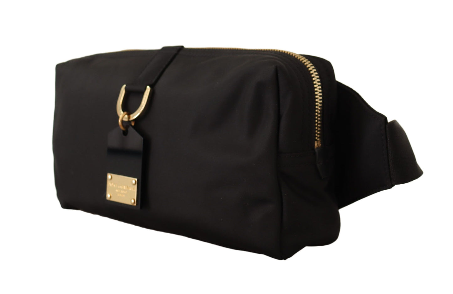 Elegant Black Belt Bag with Gold-Tone Appliqué
