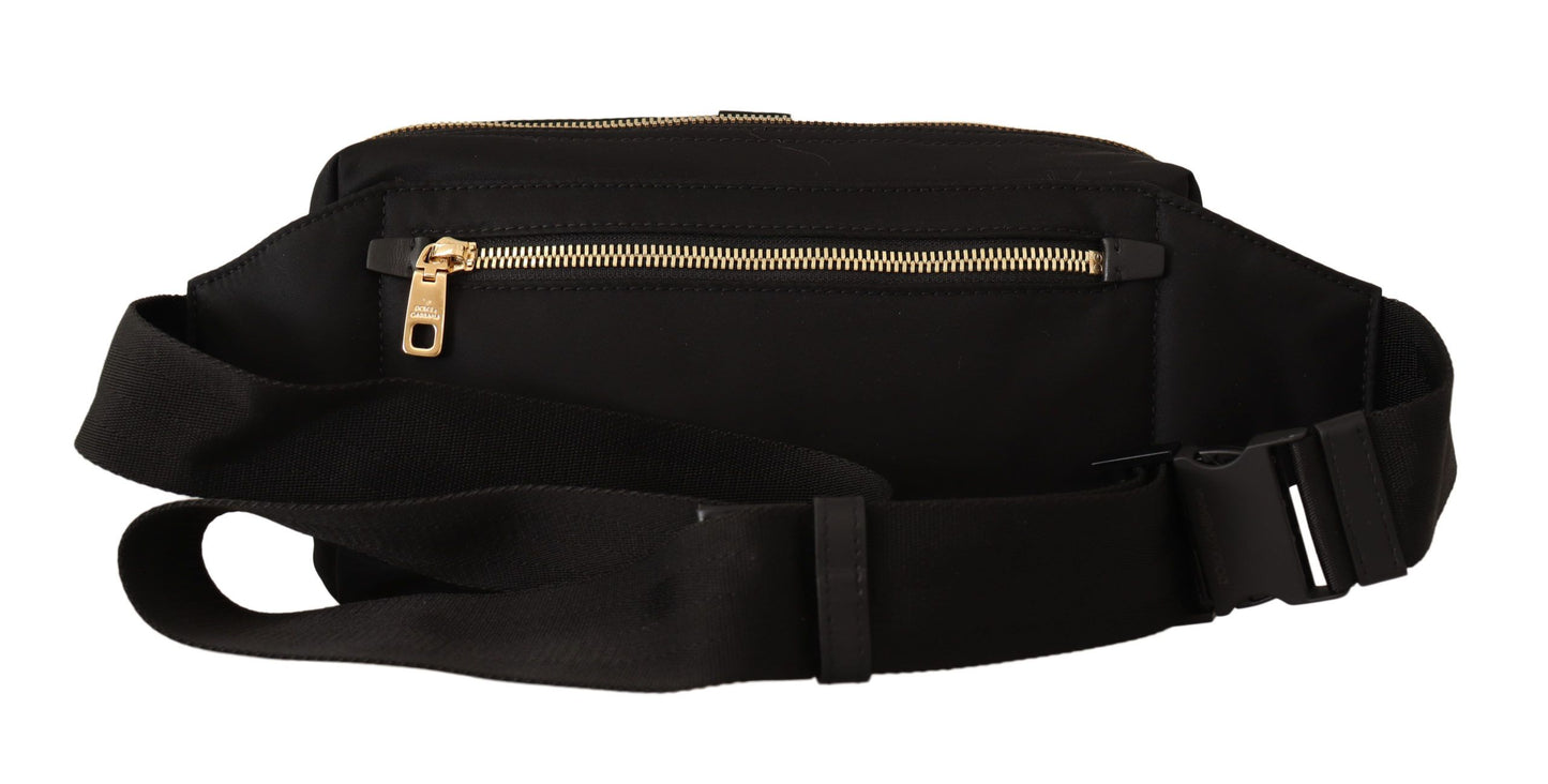Elegant Black Belt Bag with Gold-Tone Appliqué