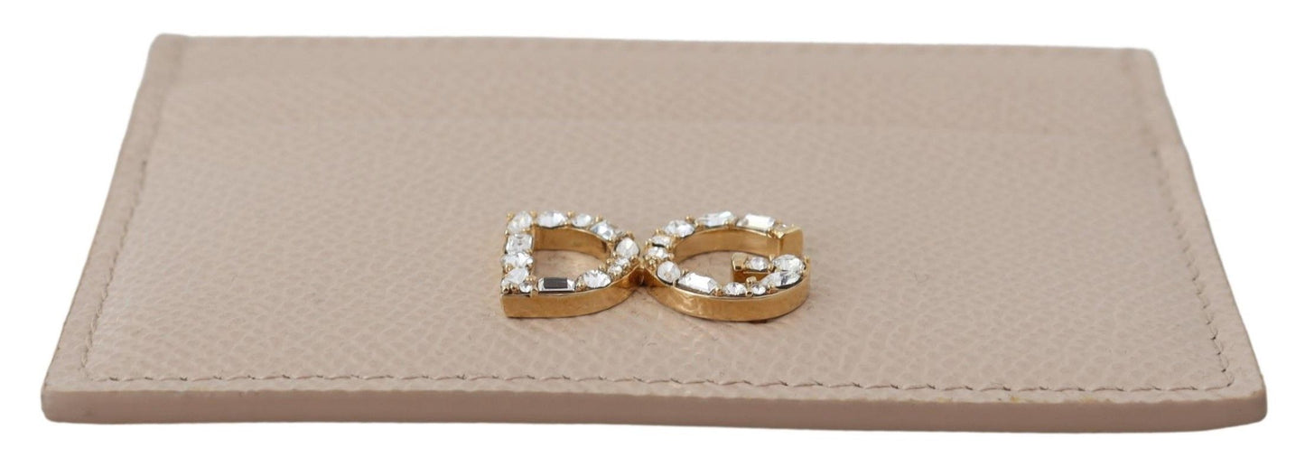 Chic Beige Leather Card Holder with Jewel Logo