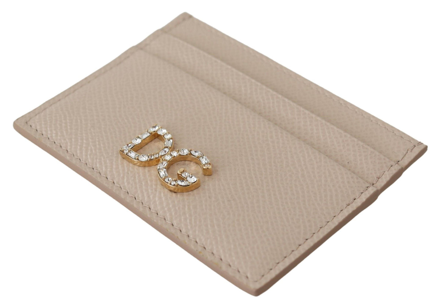 Chic Beige Leather Card Holder with Jewel Logo