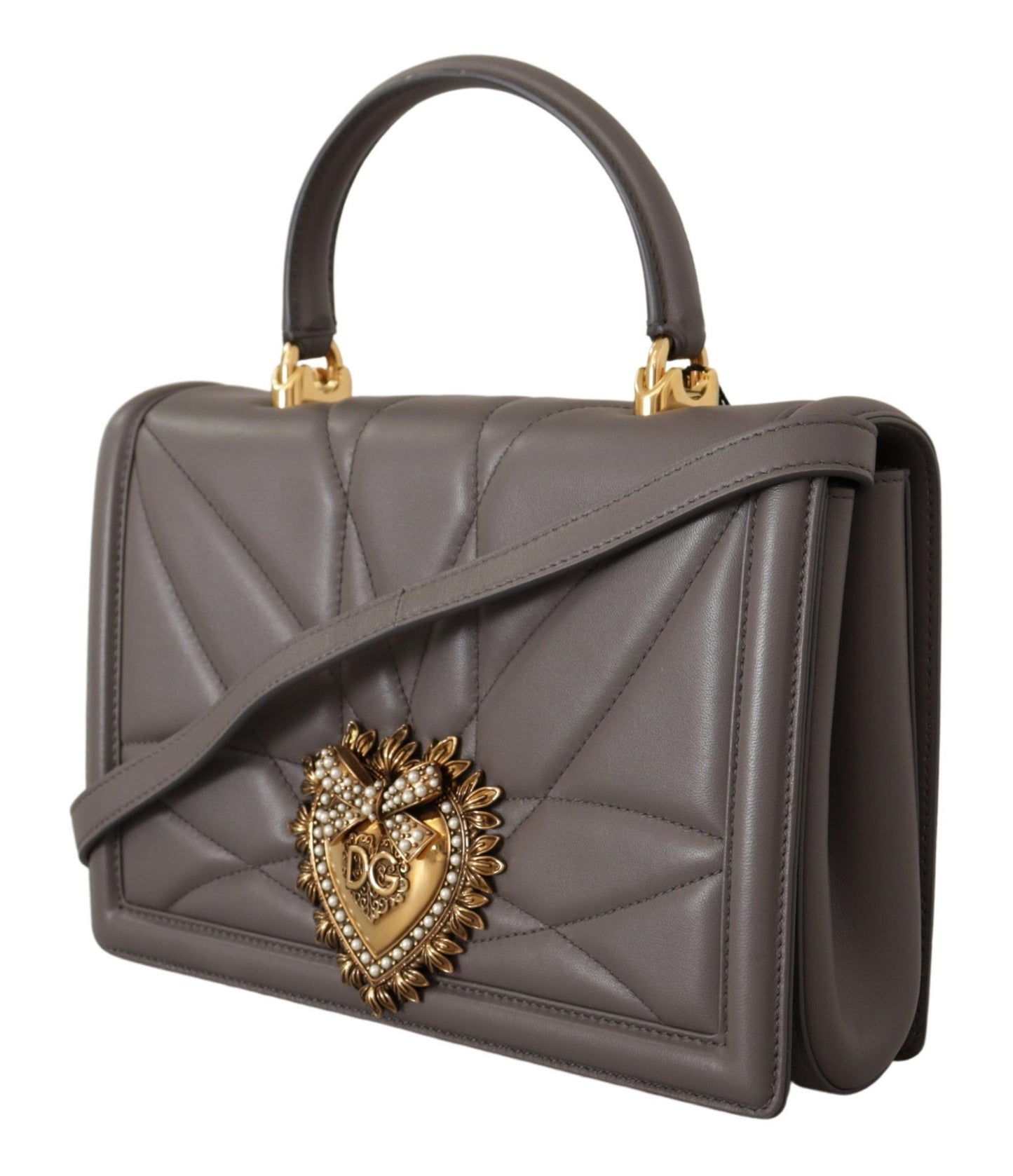 Dolce & Gabbana Gray Leather Nappa Small Shoulder Strap DEVOTION Women Bag