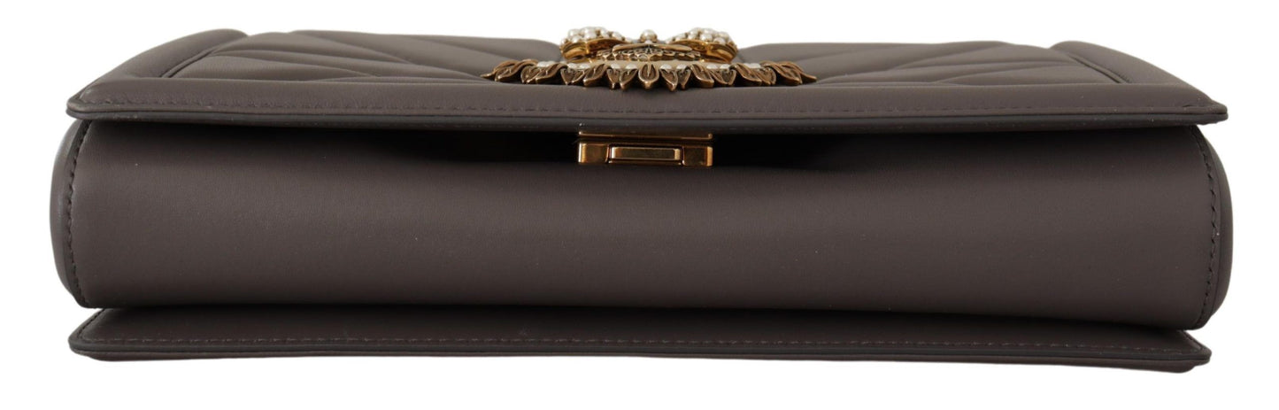 Dolce & Gabbana Gray Leather Nappa Small Shoulder Strap DEVOTION Women Bag