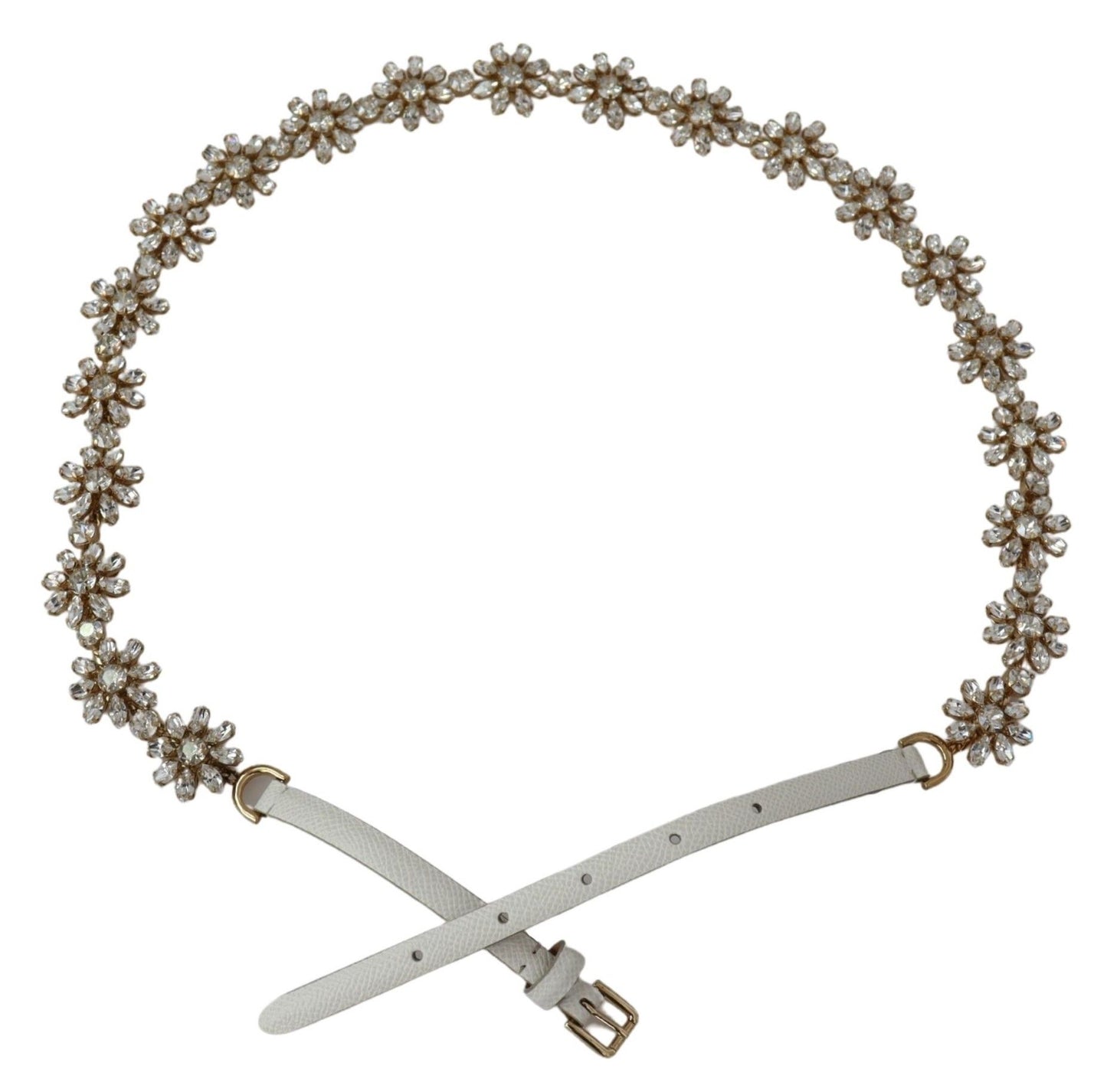 Crystal-Embellished White Leather Belt