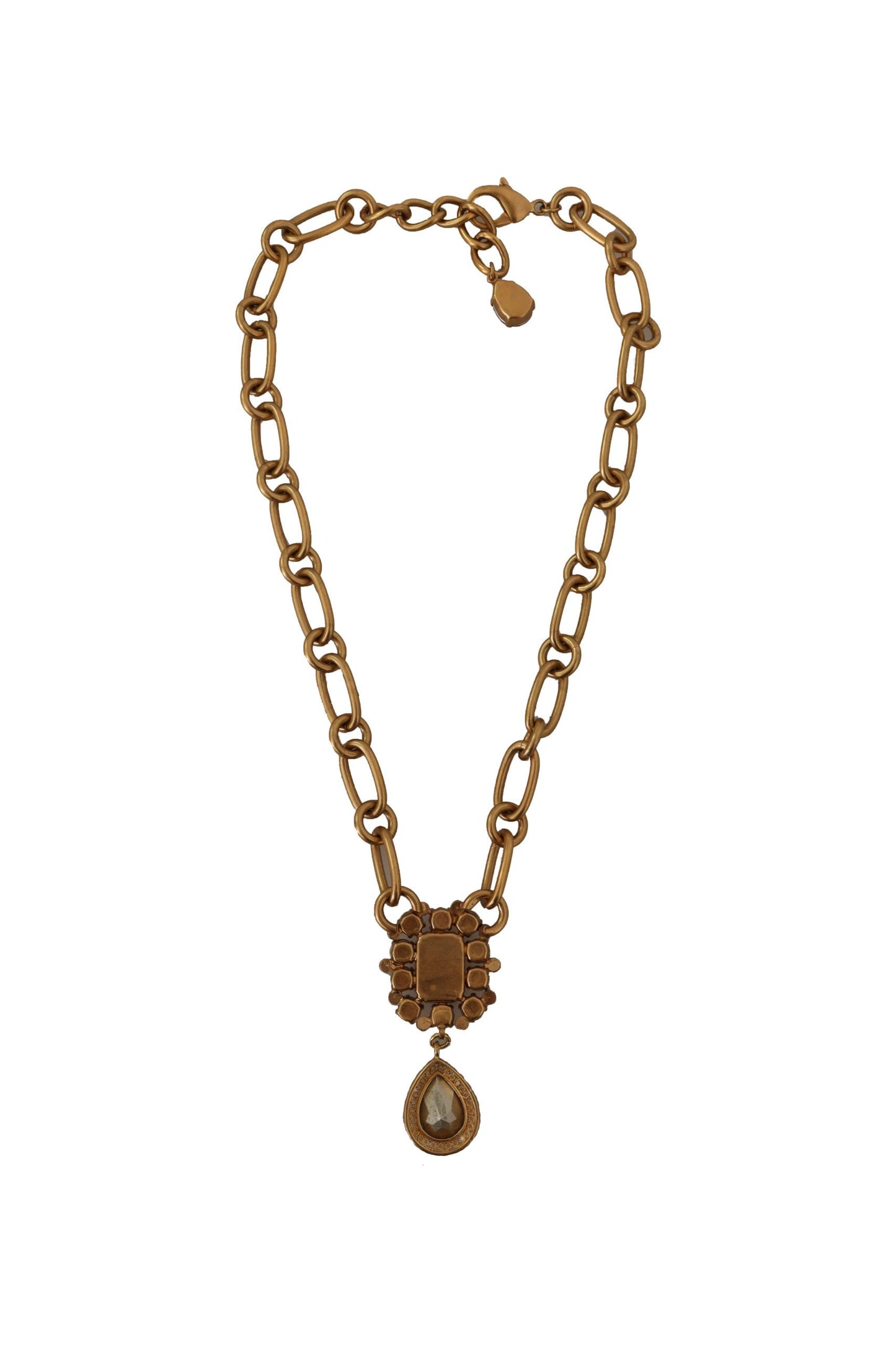 Gold Brass Chain Red Crystal Pendant Statement Necklace