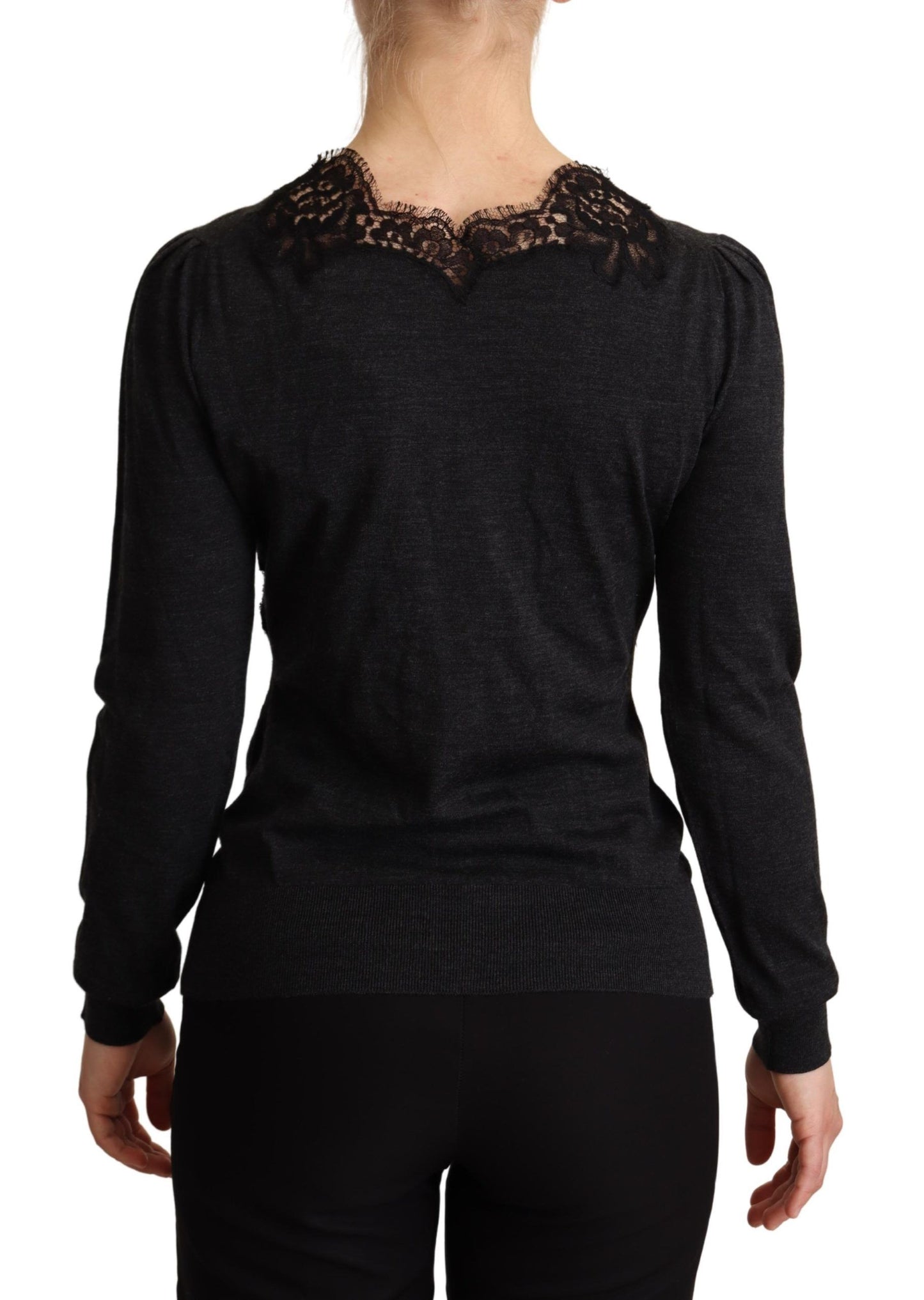 Elegant Gray Lace-Trim Wool Cardigan
