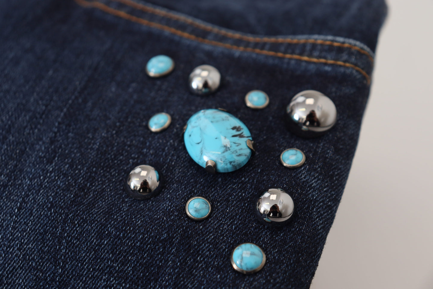 Blue Cotton Studded Low Waist Denim Jeans