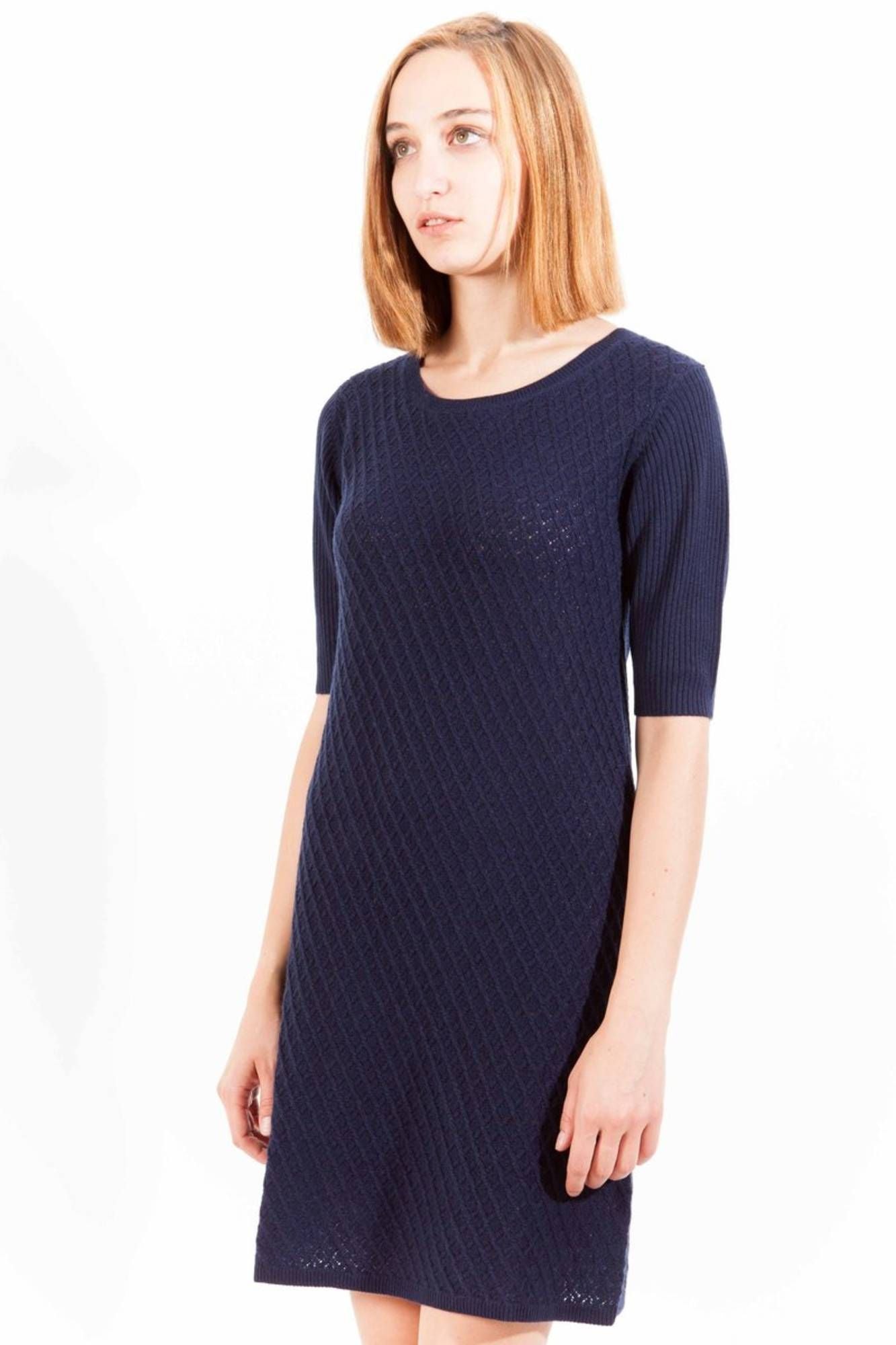 Elegant Short Sleeve Blue Wool Dress