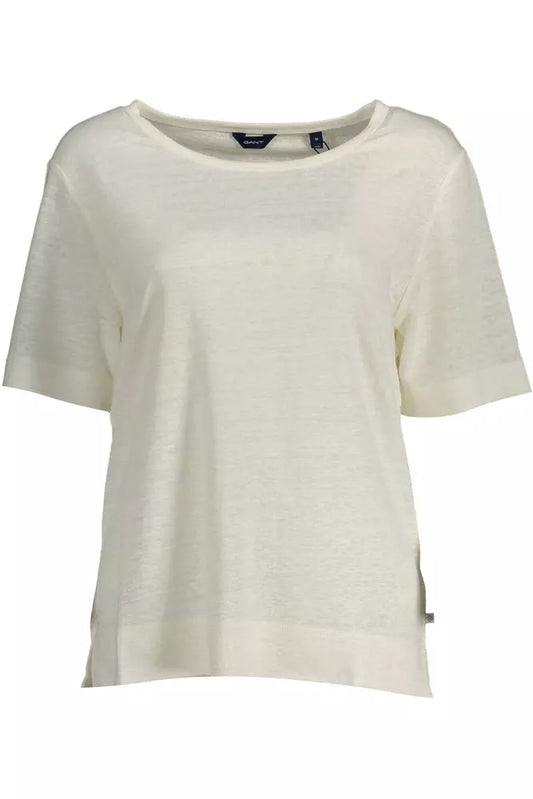 Elegant White Linen Tee with Logo Accent