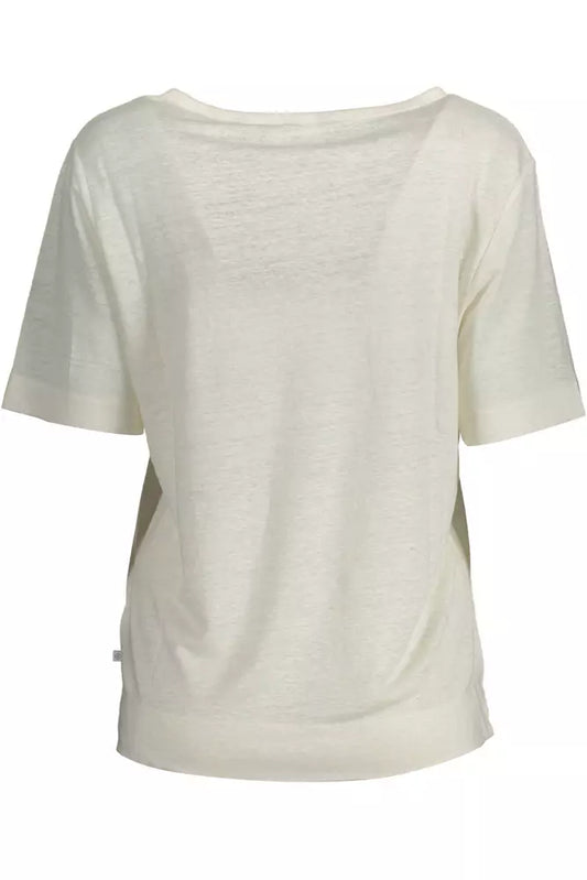 Elegant White Linen Tee with Logo Accent