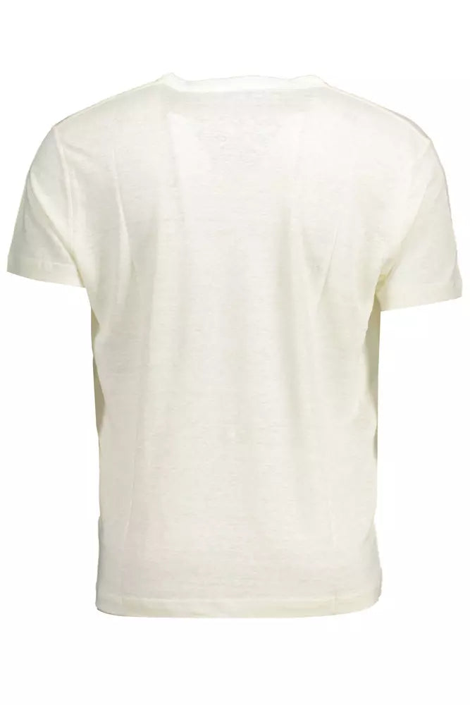 Elegant White Linen Tee with Embroidered Logo