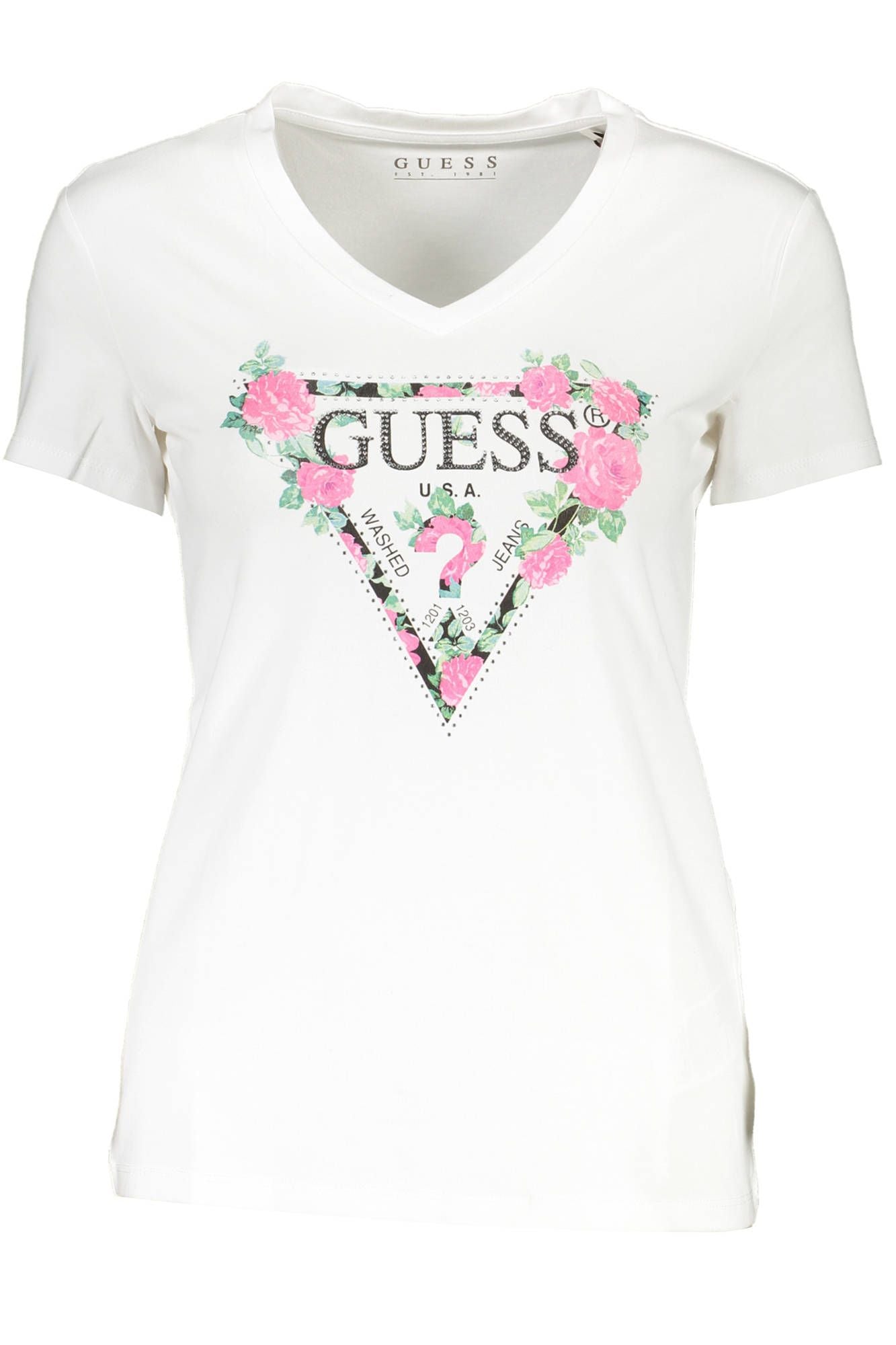 Chic White V-Neck Tee with Distinctive Print