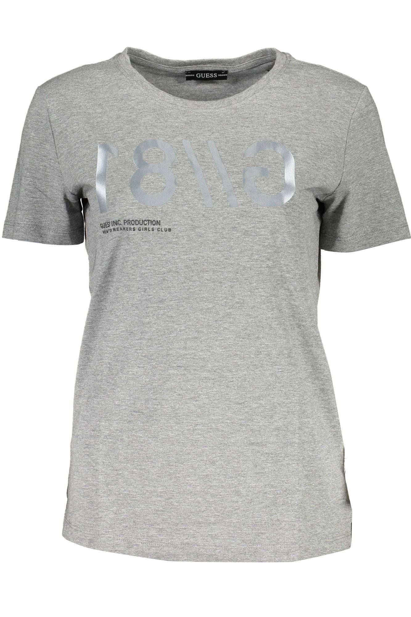 Chic Gray Logo Print Tee with Wide Neckline