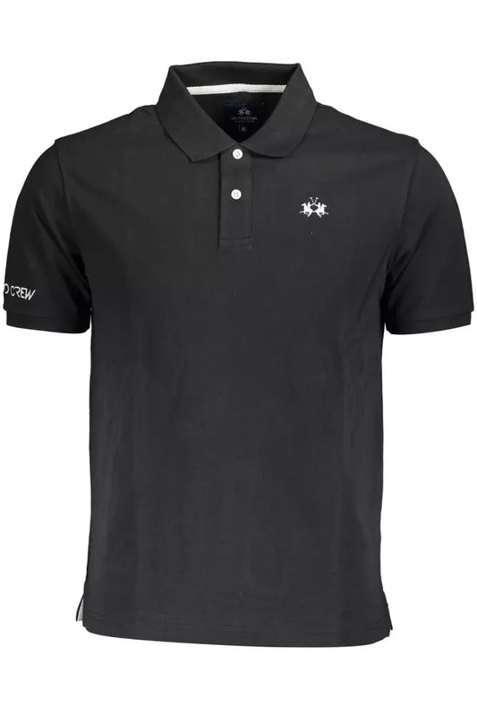 Sleek Black Cotton Polo Shirt with Embroidery