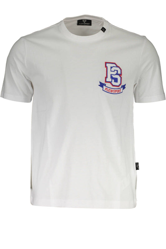 Sleek White Cotton Round Neck Tee with Logo Appliqué