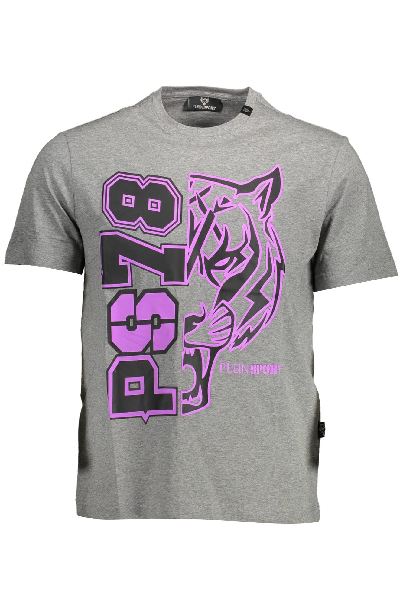 Sleek Gray Crew Neck with Bold Print Detail