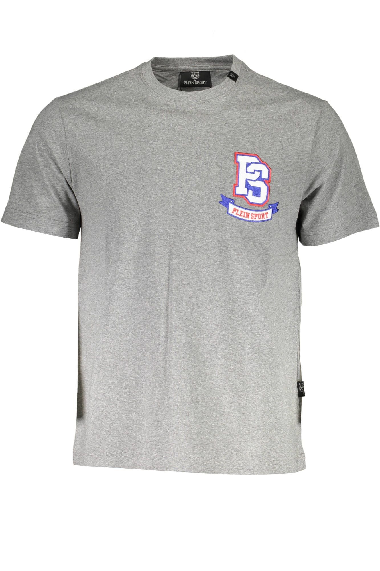 Chic Gray Round Neck Logo Tee with Applique