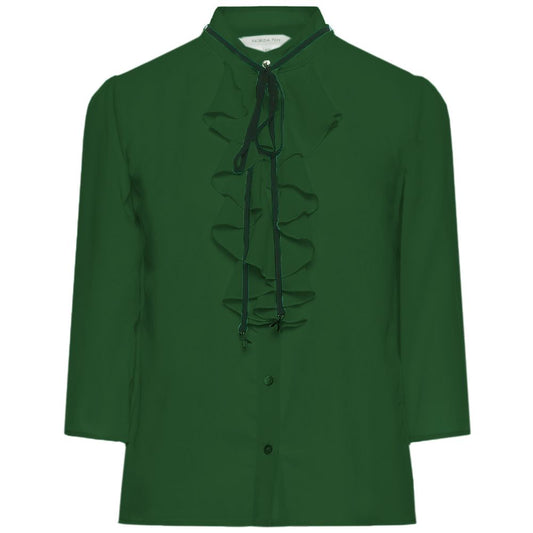 Elegant Green Crepe Blouse with Ruffle Accent