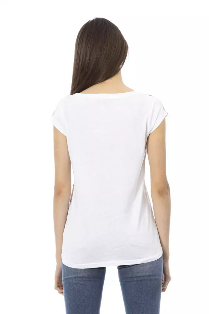 Chic White Cotton-Blend Tee with Bold Print