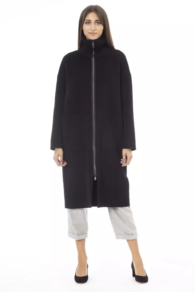 Elegant High Collar Wool Coat in Black