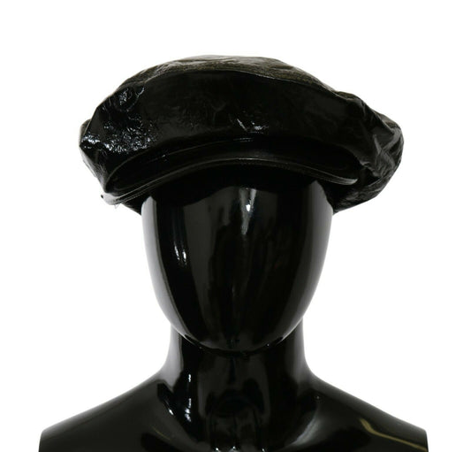 Elegant Floral-Lined Bucket Cap in Smooth Black Leather