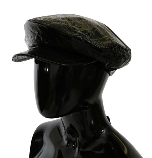 Elegant Floral-Lined Bucket Cap in Smooth Black Leather