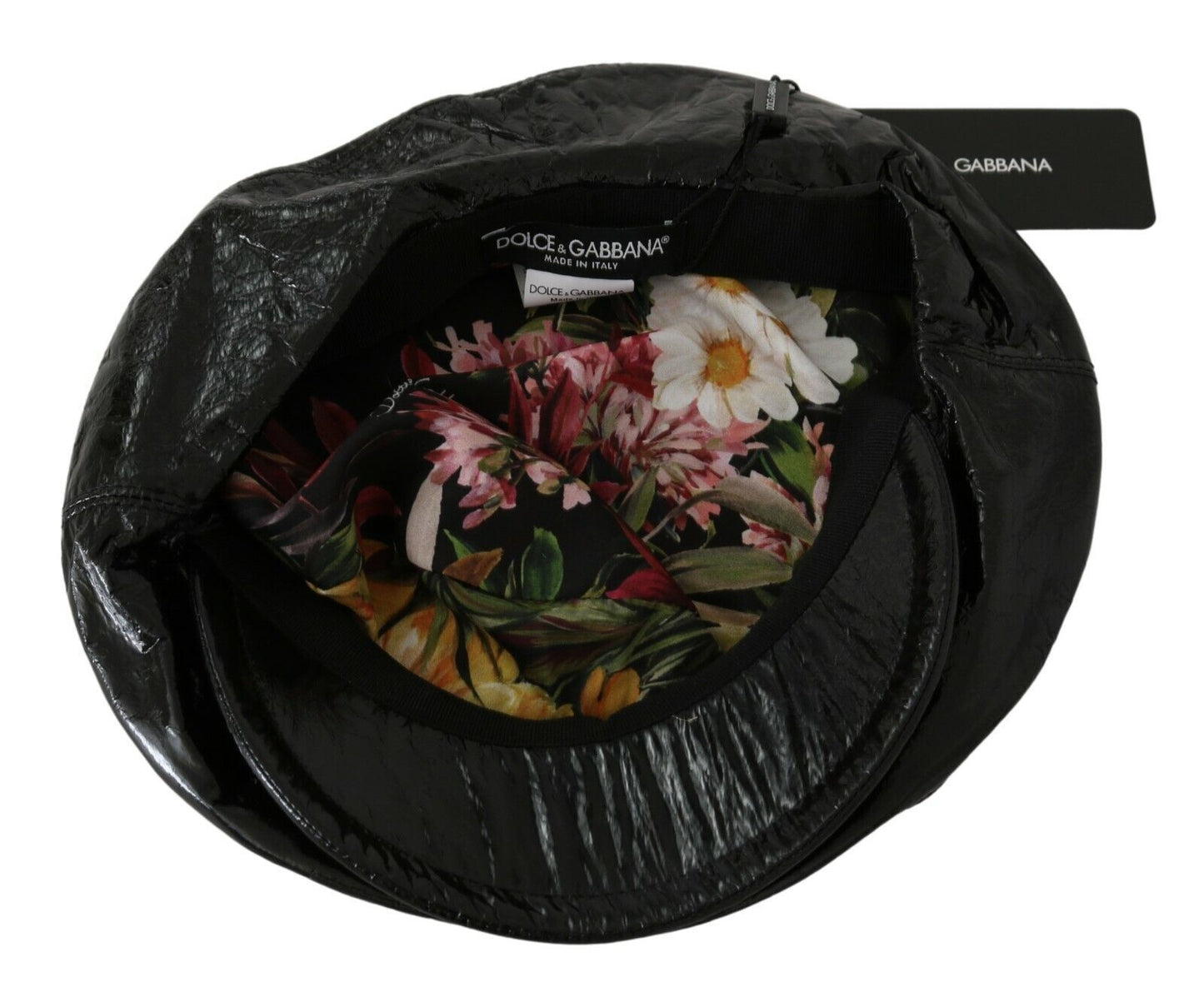 Elegant Floral-Lined Bucket Cap in Smooth Black Leather