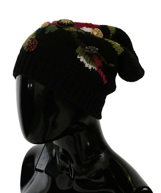 Elegant Black Wool Floral Beanie