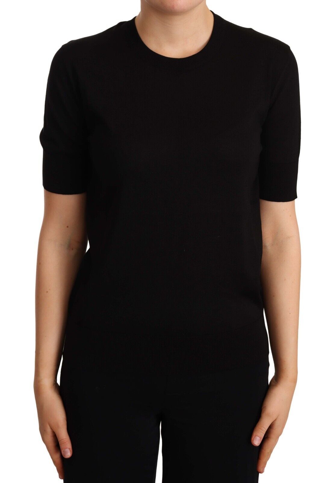 Black Silk Round Neck Short Sleeves Tee T-shirt