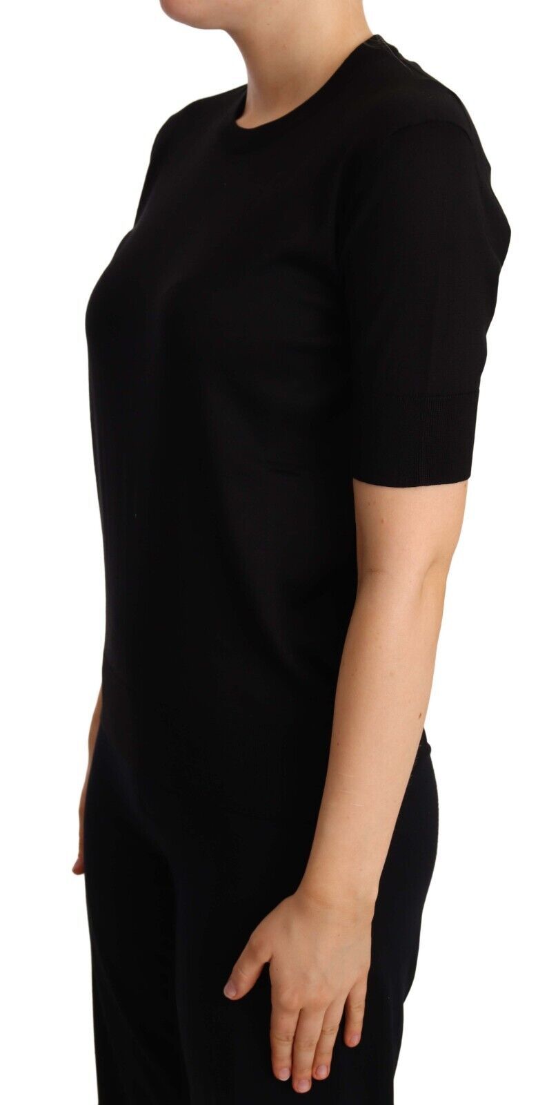 Black Silk Round Neck Short Sleeves Tee T-shirt