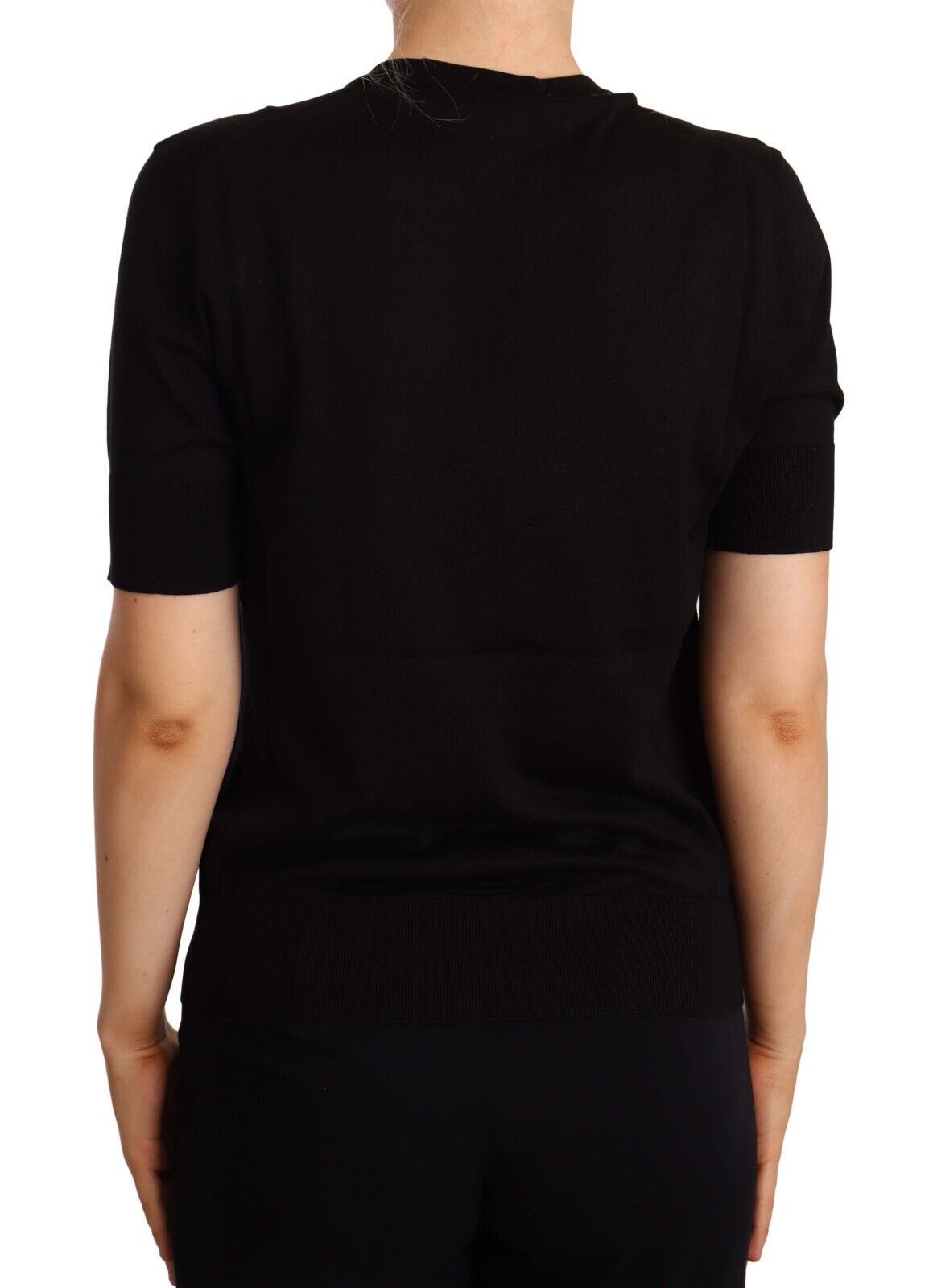 Black Silk Round Neck Short Sleeves Tee T-shirt
