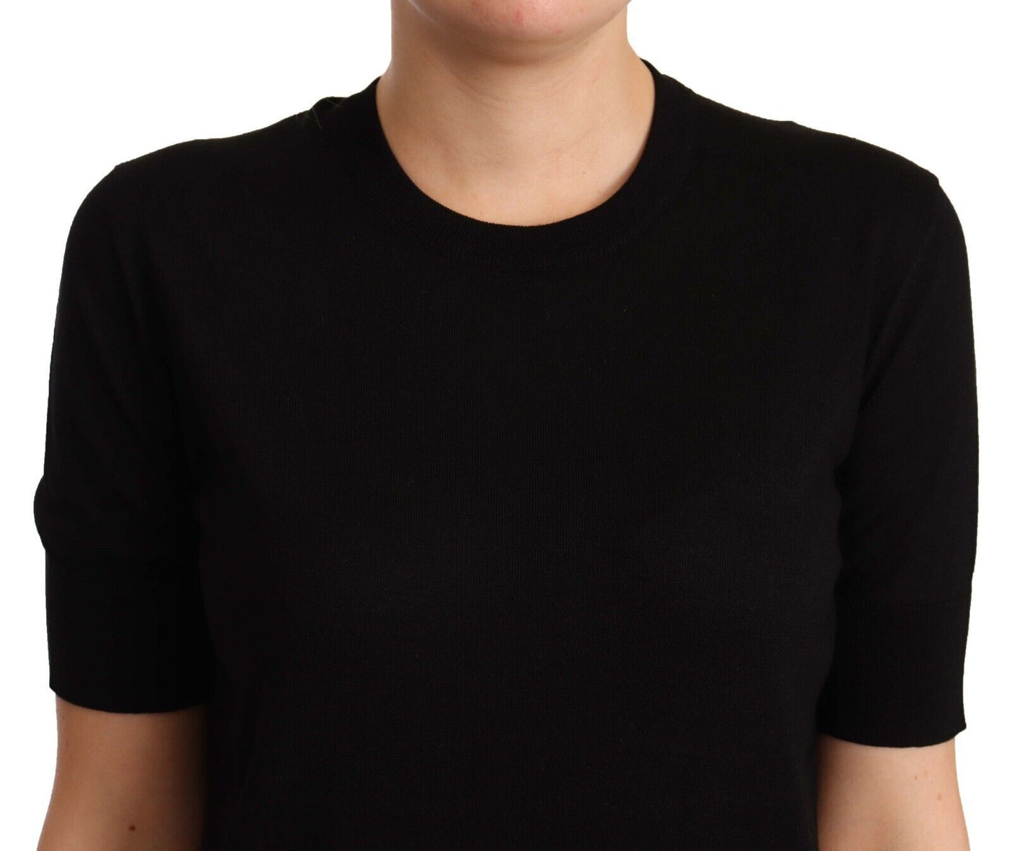 Black Silk Round Neck Short Sleeves Tee T-shirt