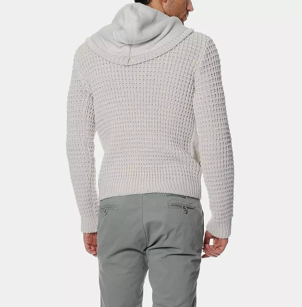 Beige Hooded Knit Cardigan with Logo Detail
