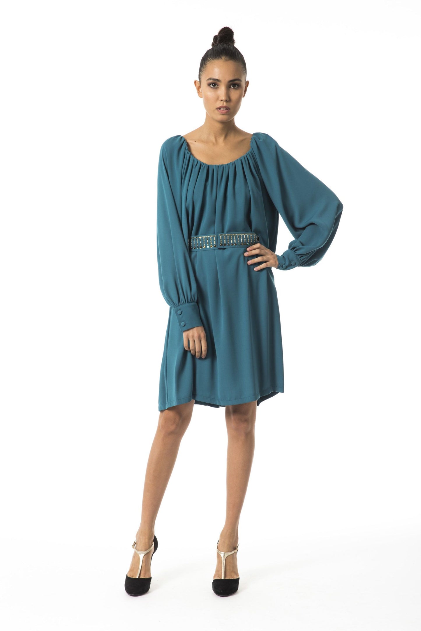 Elegant Teal Flared Belted Dress