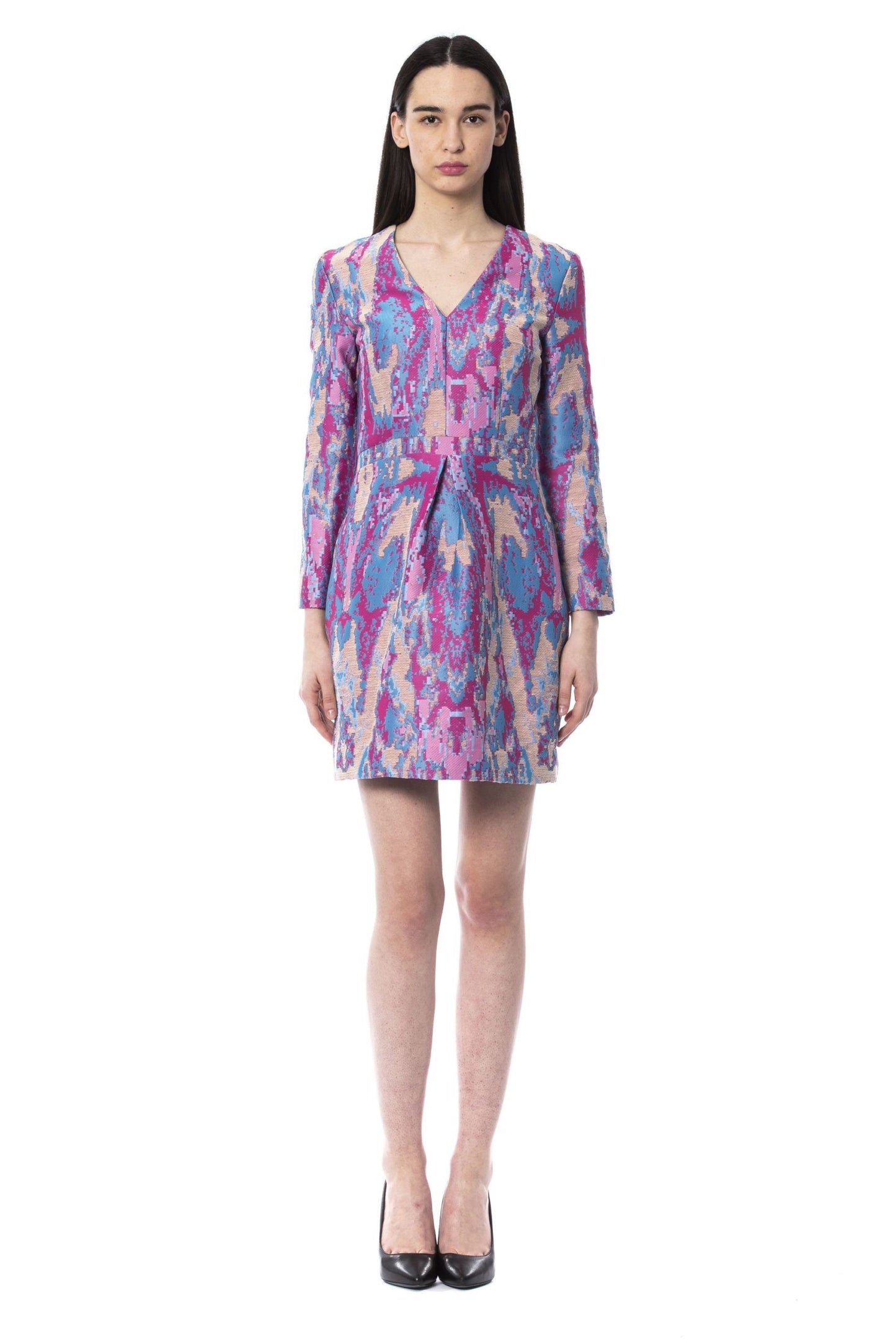 Vibrant Print V-Neck Dress with Long Sleeves