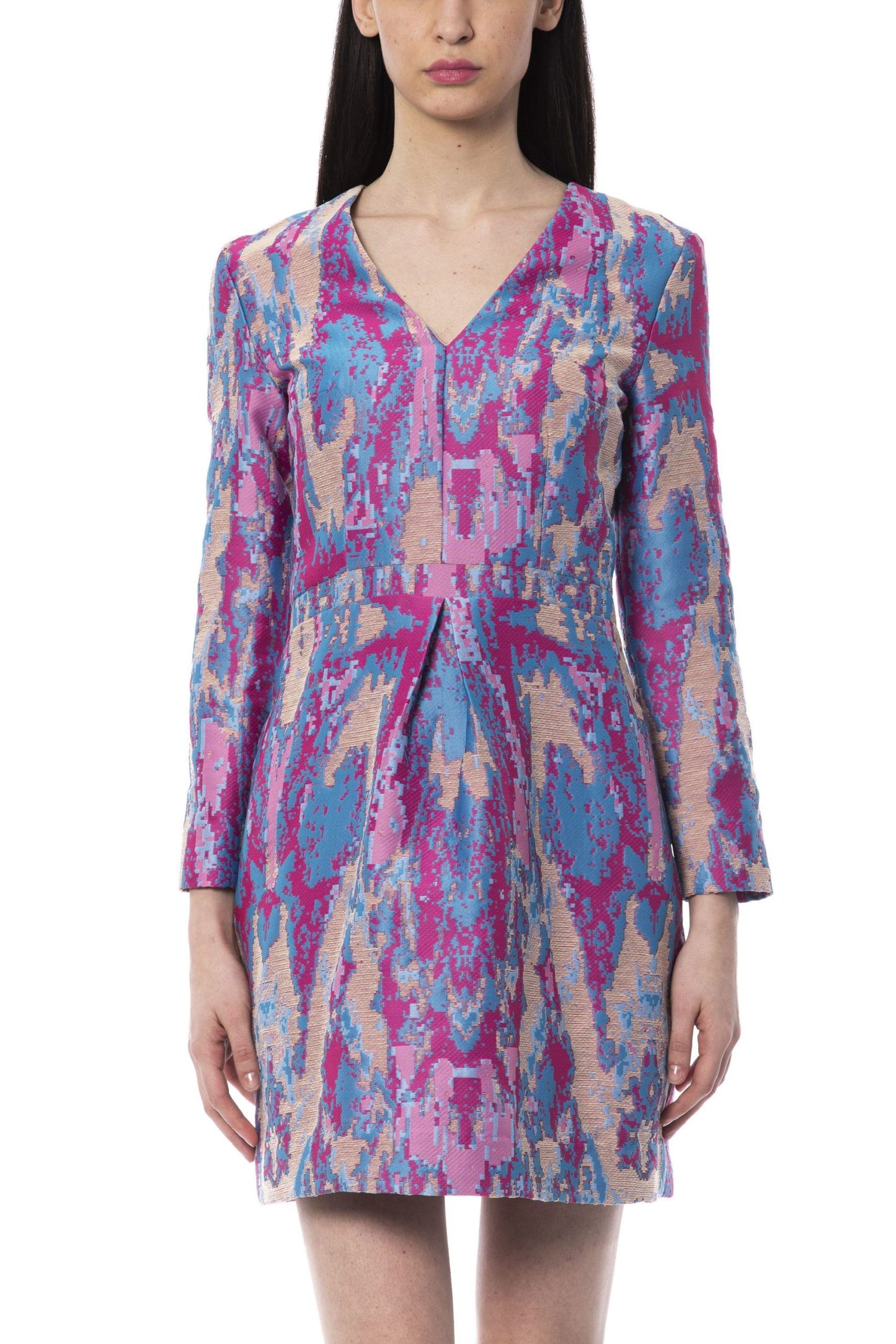Vibrant Print V-Neck Dress with Long Sleeves