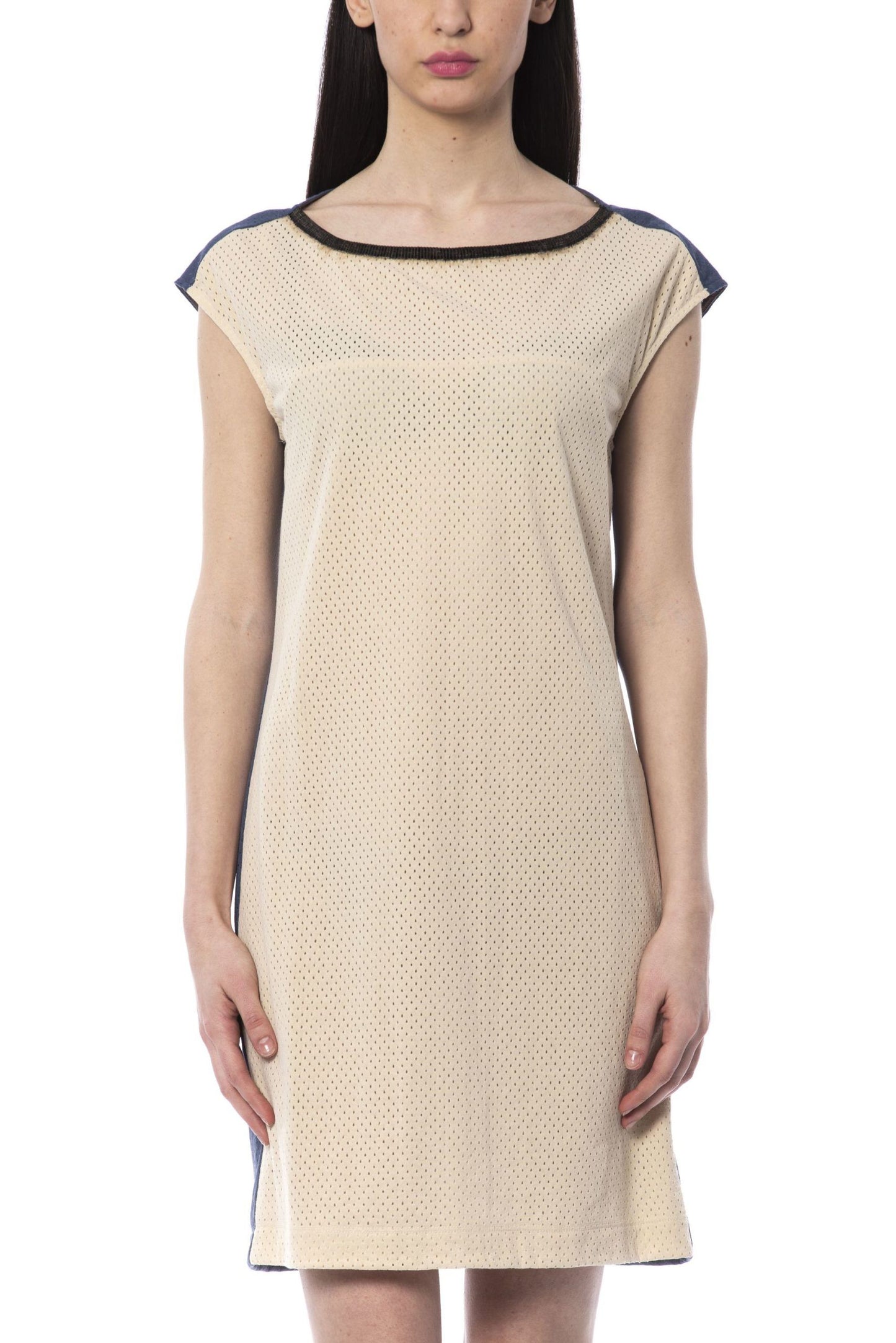 Sleeveless Beige Bicolor Short Dress